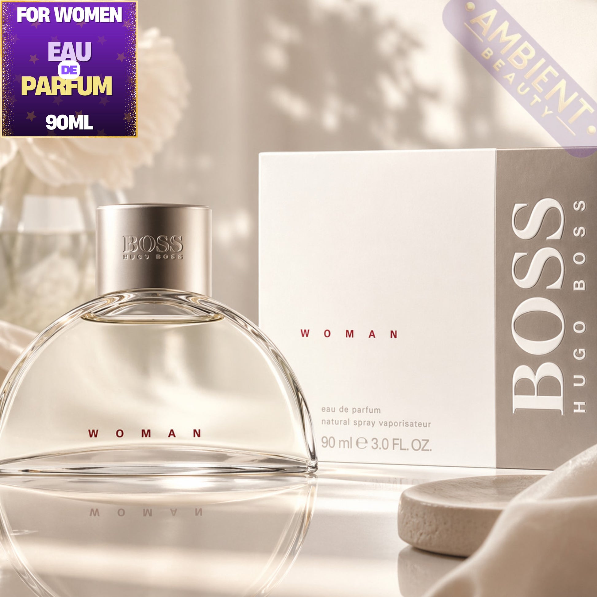BOSS Hugo Boss women's eau de parfum with packaging on a neutral background