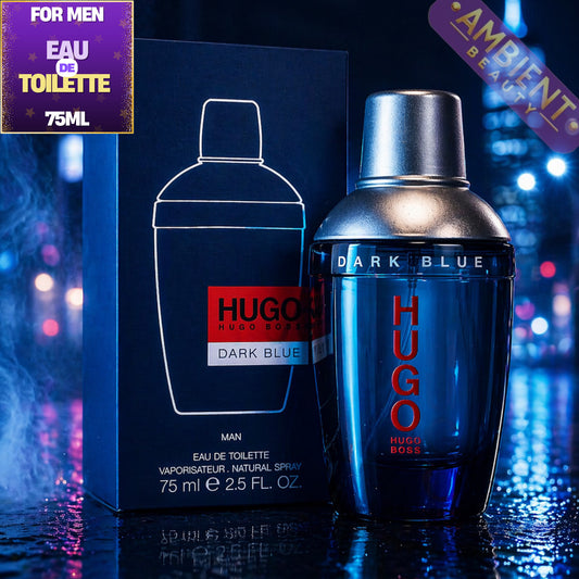 Hugo Boss Dark Blue men's perfume bottle and packaging on a reflective surface with blurred lights in the background.