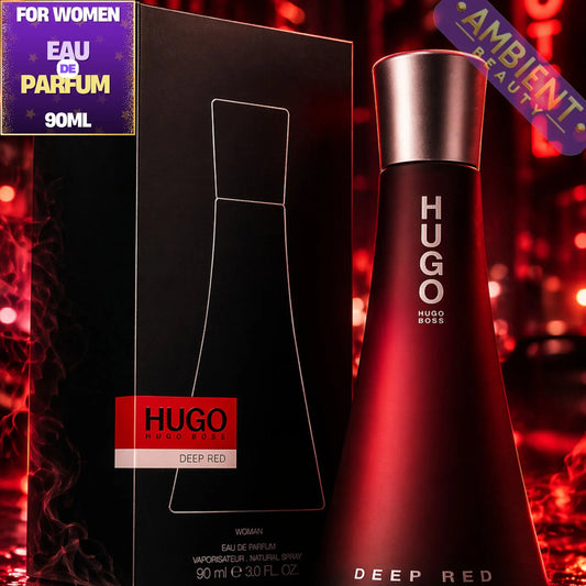 Hugo Boss Deep Red perfume bottle and packaging on a red background