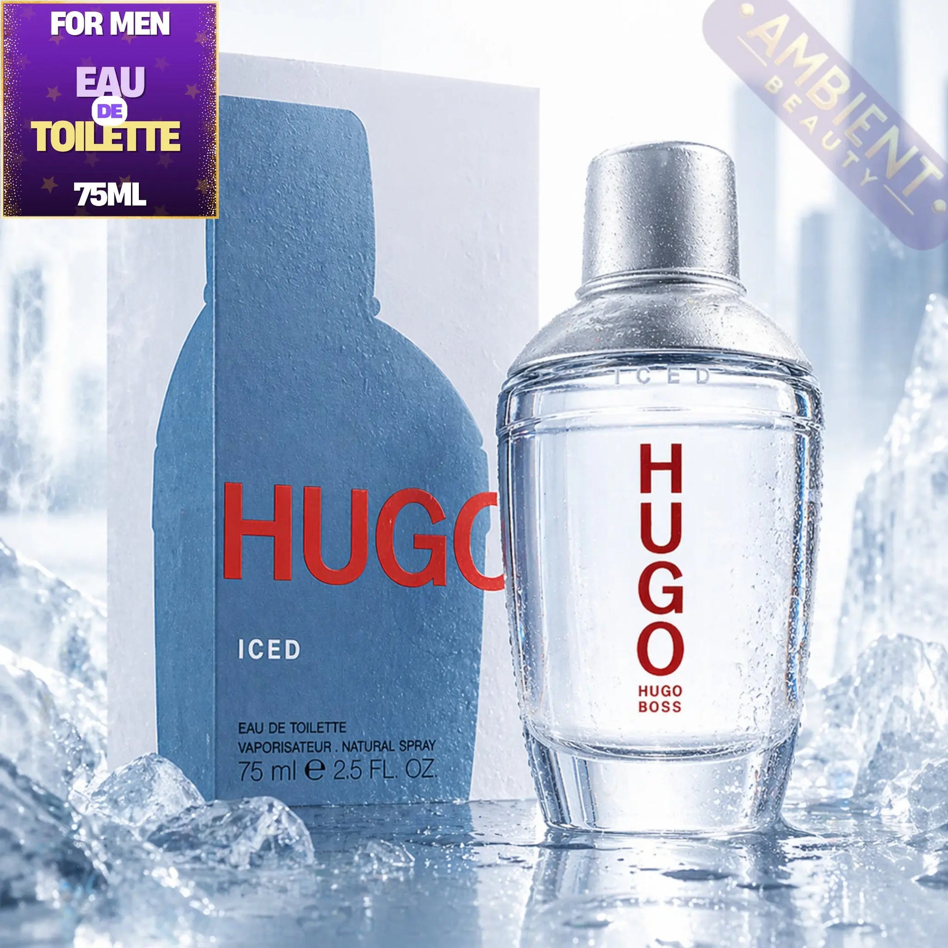 Hugo Boss Hugo Iced Eau de Toilette bottle and packaging with ice cubes.