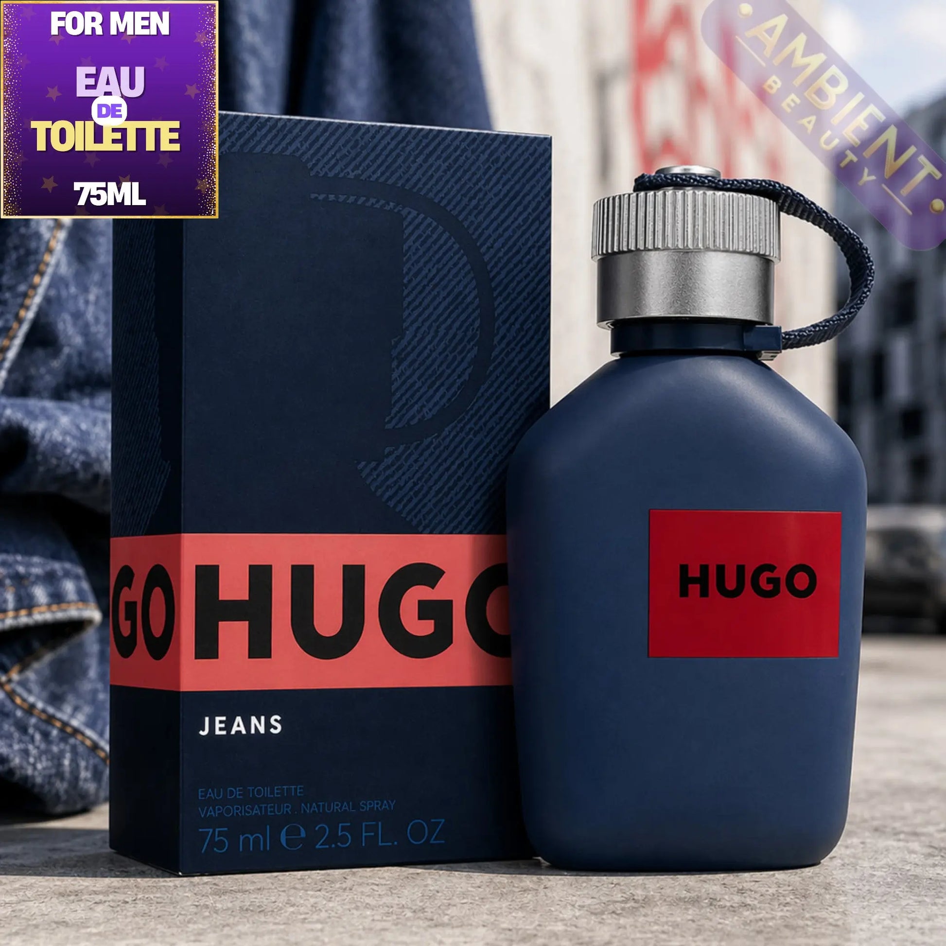 Hugo Boss men's perfume bottle and packaging on a blurred background