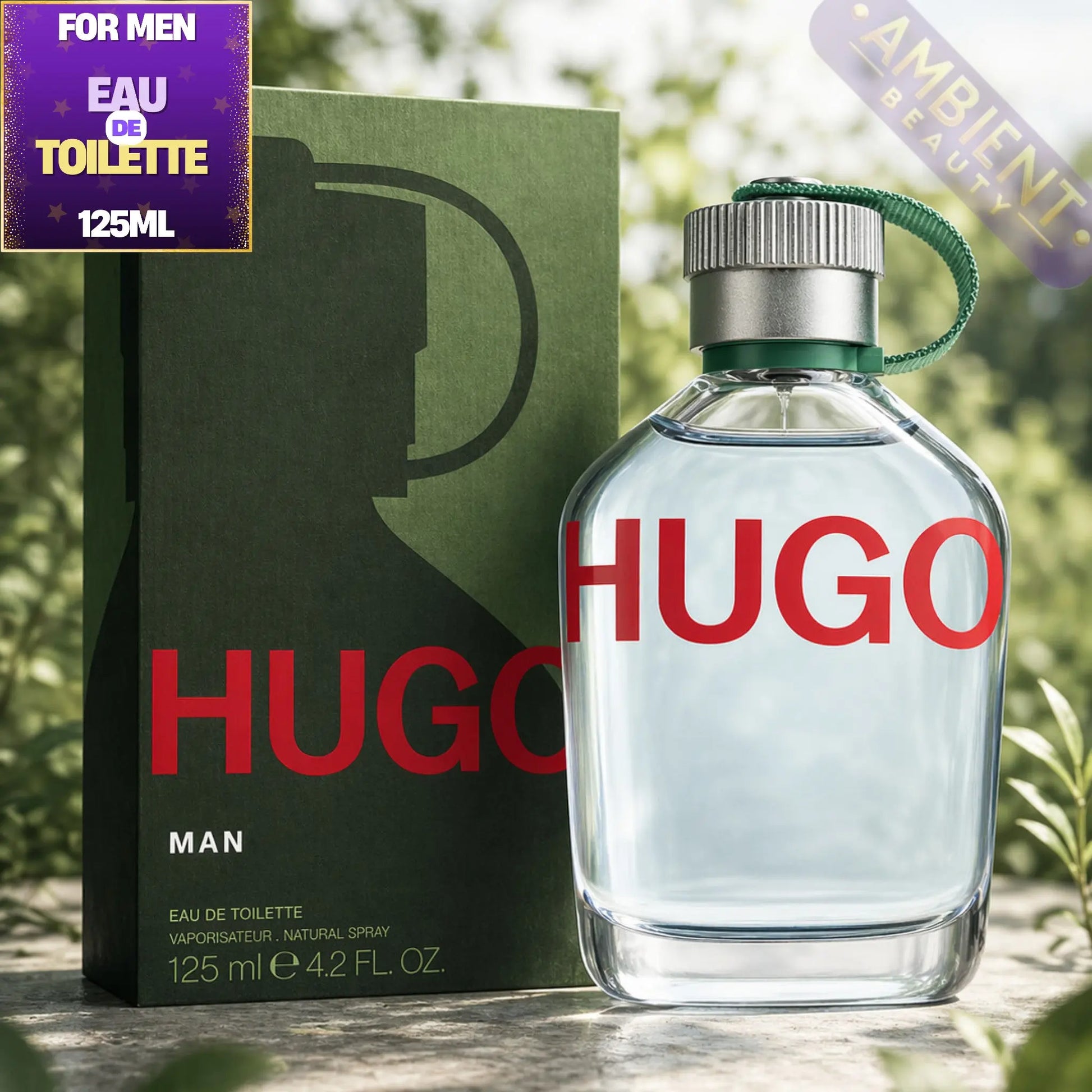 Hugo Boss perfume bottle and packaging with greenery in the background