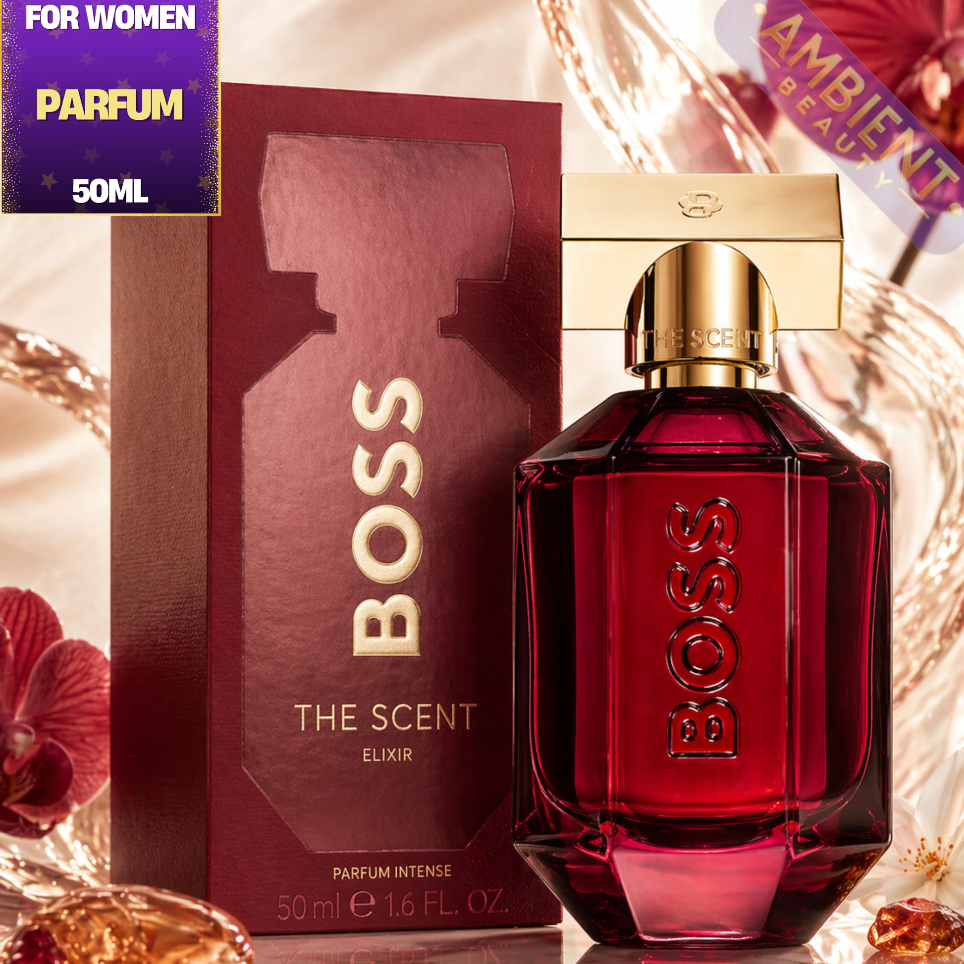 BOSS The Scent Elixir perfume bottle and packaging on a decorative background