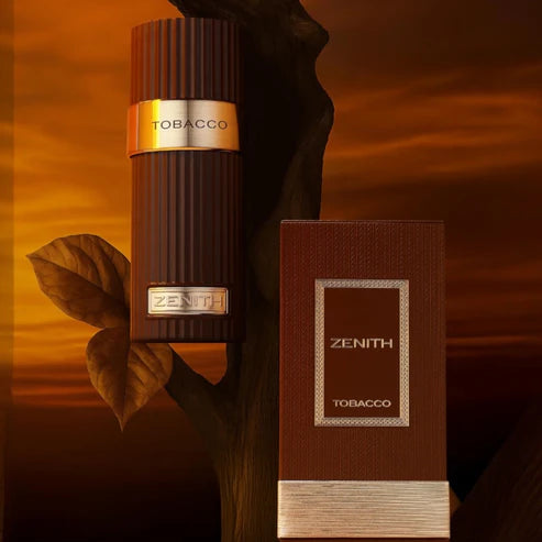 Zenith Tobacco perfume bottle and packaging against a warm, orange background