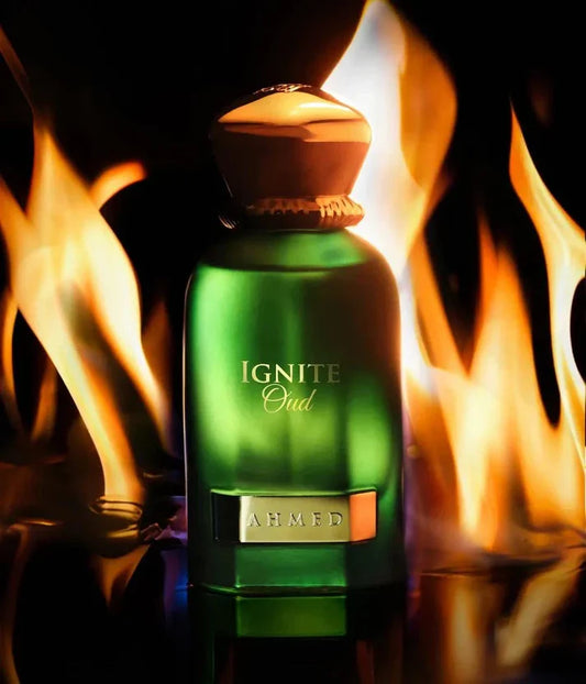 Ahmed Al Maghribi Ignite oud Green perfume bottle labeled 'Ignite' with flames in the background