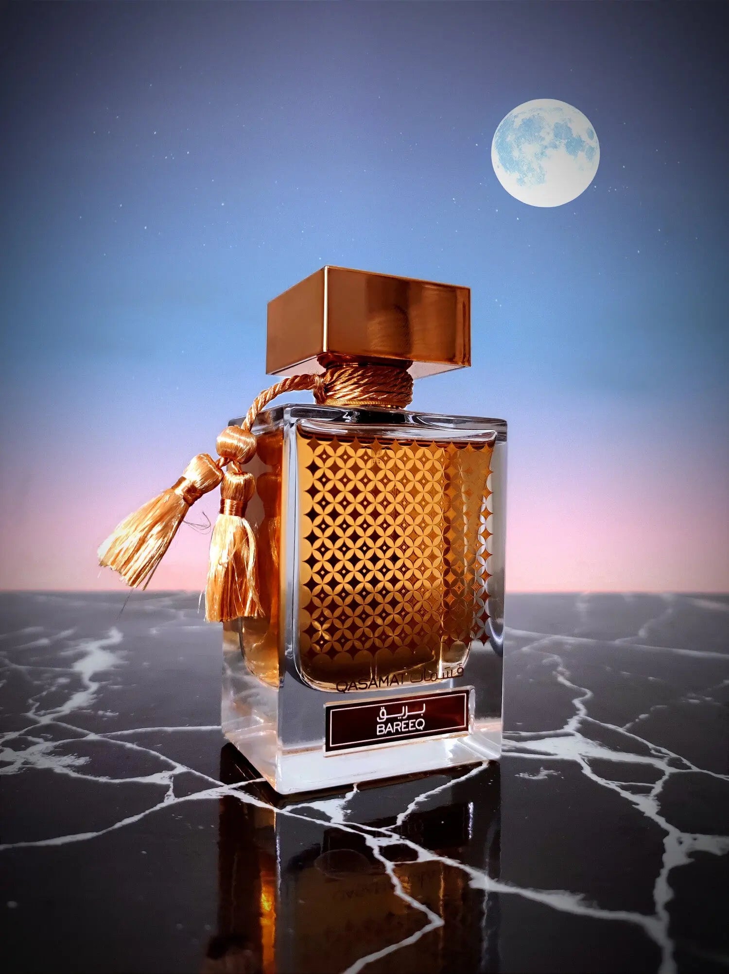 Perfume bottle with gold cap and decorative elements against a moonlit sky