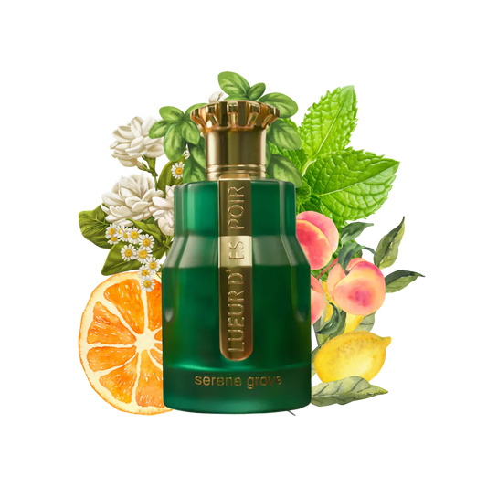Green perfume bottle with gold cap surrounded by fruits and flowers on a white background