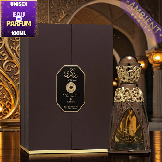 Lattafa Zikra perfume bottle and packaging with decorative background
