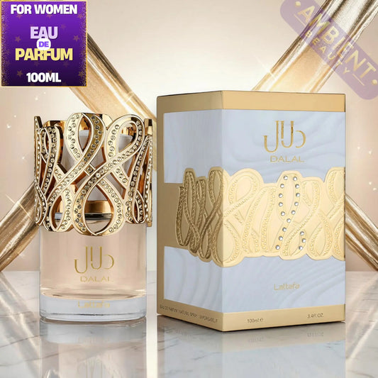 Lattafa Dalal Eau de Parfum bottle and packaging on a reflective surface with decorative elements.
