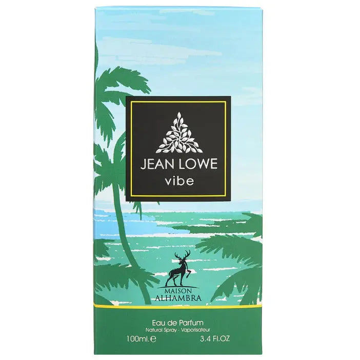 Jean Lowe Vibe perfume packaging with palm trees and blue sky on a white background