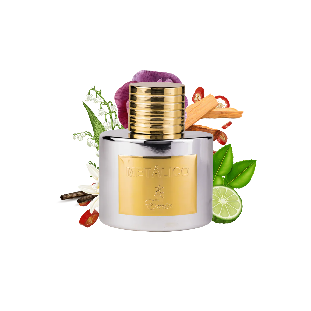 Emir Metalico Perfume bottle with gold cap and label, surrounded by flowers and leaves on a white background