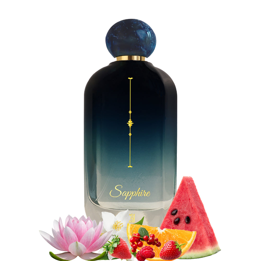 Ahmed Al Maghribi Sapphire Perfume bottle labeled 'Sapphire' with fruit and flower graphics on a white background