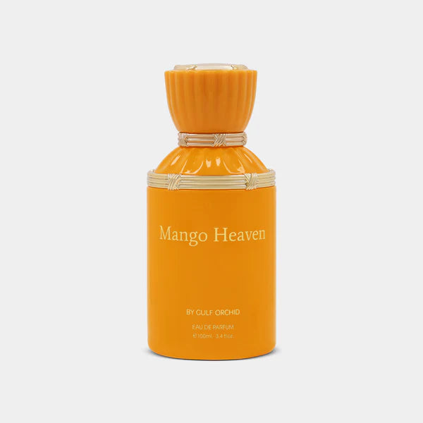 Orange bottle of 'Mango Heaven' perfume with gold accents on a white background