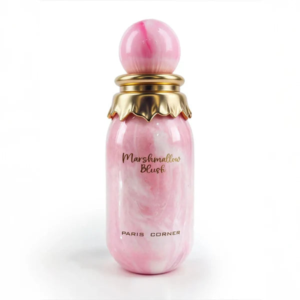 Pink and gold perfume bottle with 'Marshmallow Blush' and 'Paris Corner' text on a white background