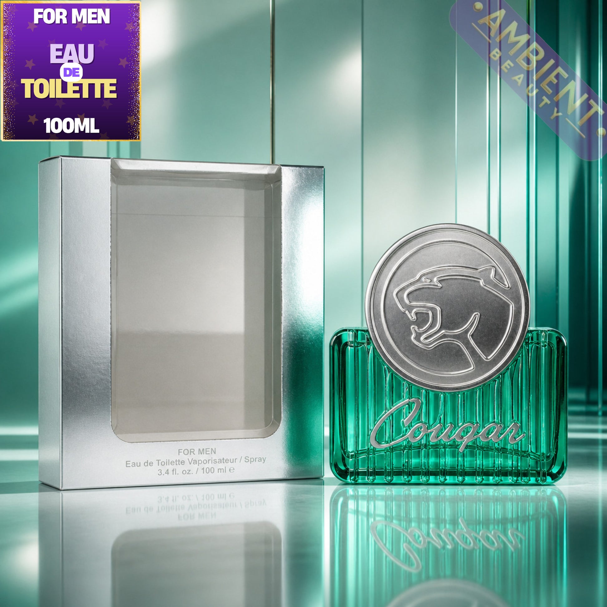 Cougar perfume bottle and packaging on a reflective surface with 'Ambient Beauty' branding.
