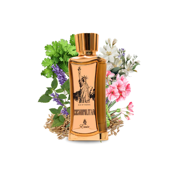 Emir Cosmopolitan New York Perfume bottle with floral and greenery elements on a white background