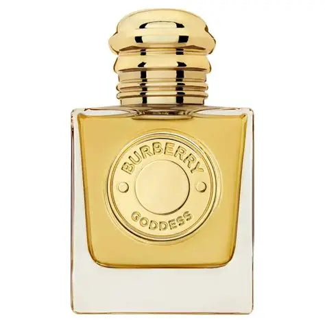 Burberry Goddess perfume bottle with gold cap on a white background