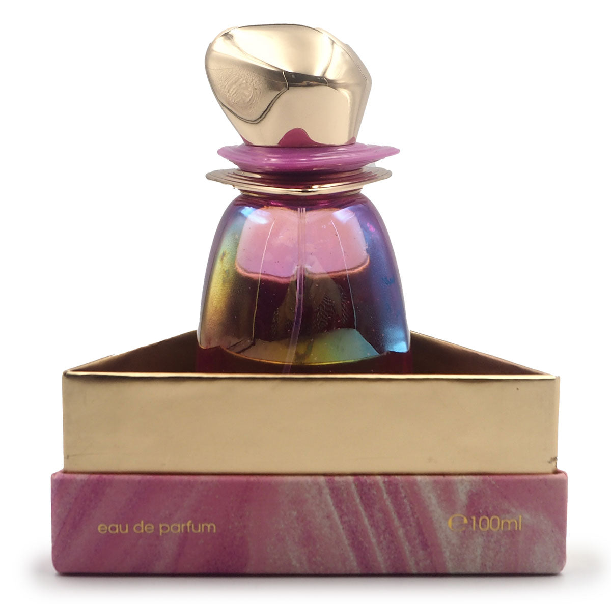 Ahmed Al Maghribi Mystique pink Eau de parfum bottle with gold cap and colorful glass body on a white background