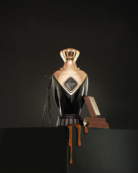 Paris Corner Prodigy Noir Luxury bottle with gold cap and label on a dark background