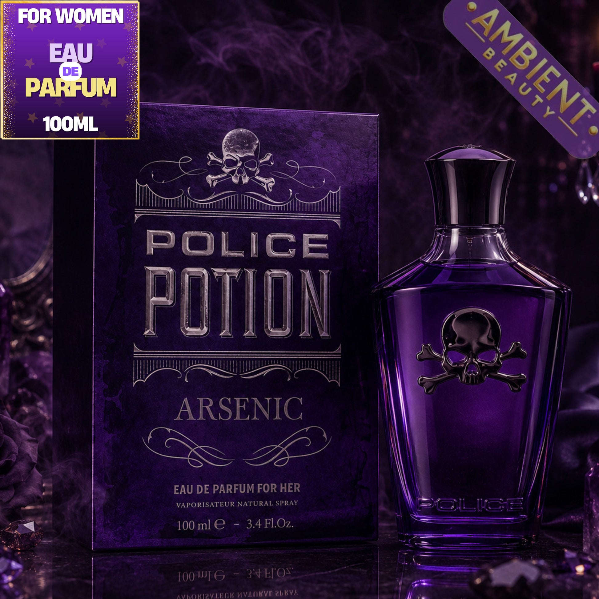 Purple Police Potion Arsenic perfume bottle and packaging with skull design on a dark background.