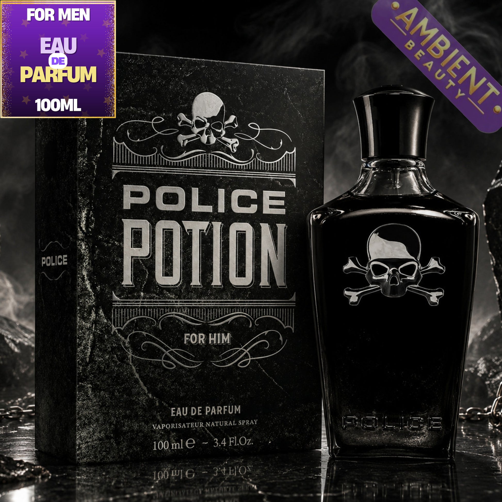 Police Potion for Him Eau de Parfum bottle and packaging with skull design on a dark background.