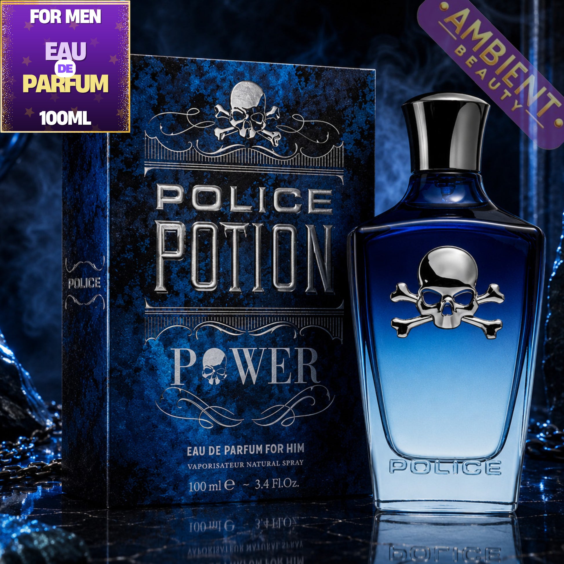 Blue Police Potion Power perfume bottle and packaging on a dark background