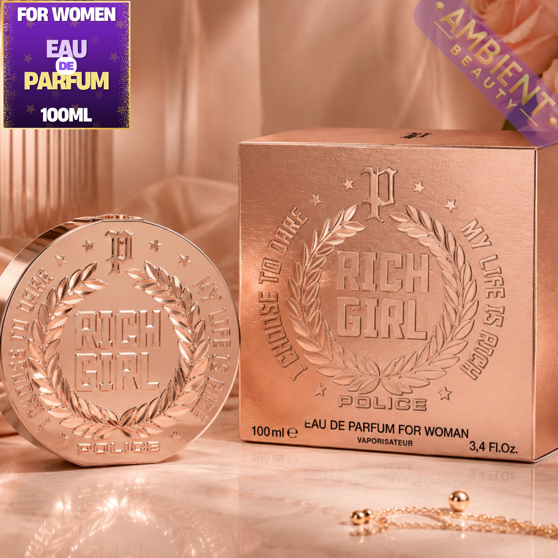 Rose gold 'Rich Girl' Police perfume bottle and packaging on a reflective surface.