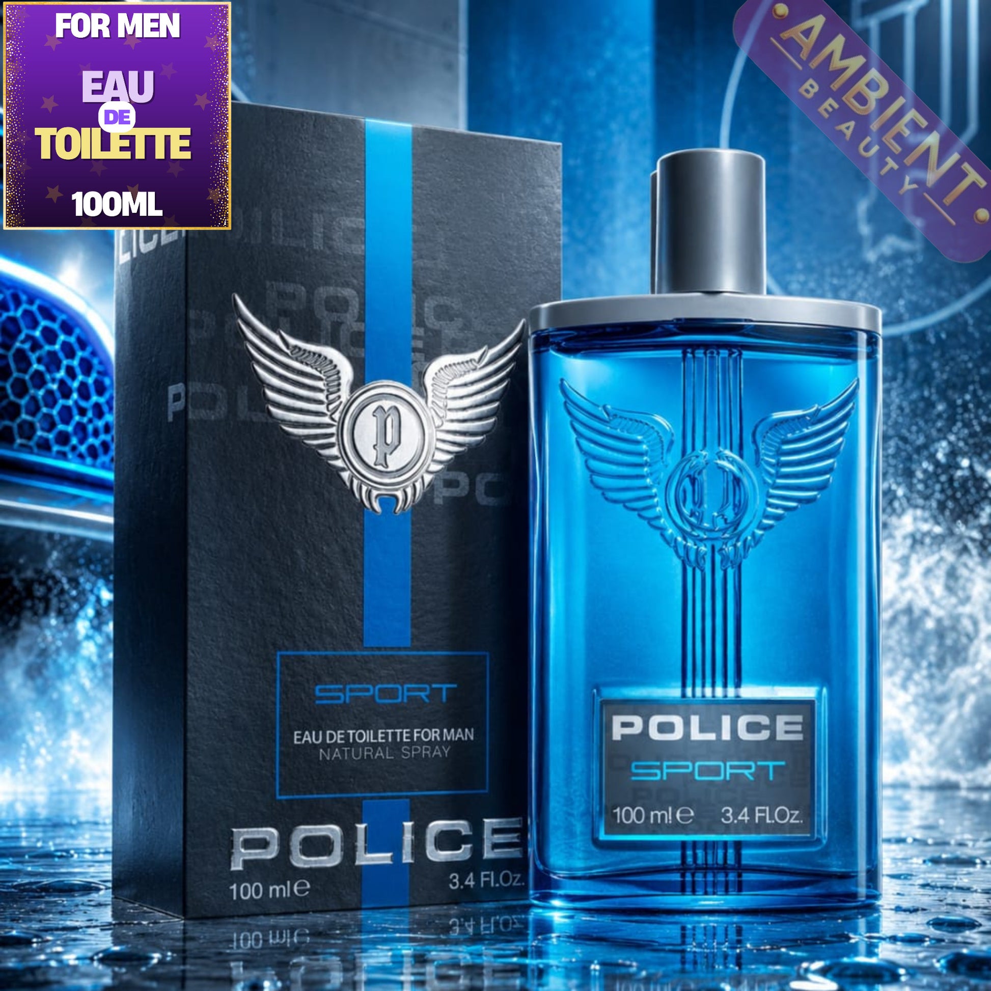 Police Sport perfume bottle and packaging on a reflective surface with blue and black design.