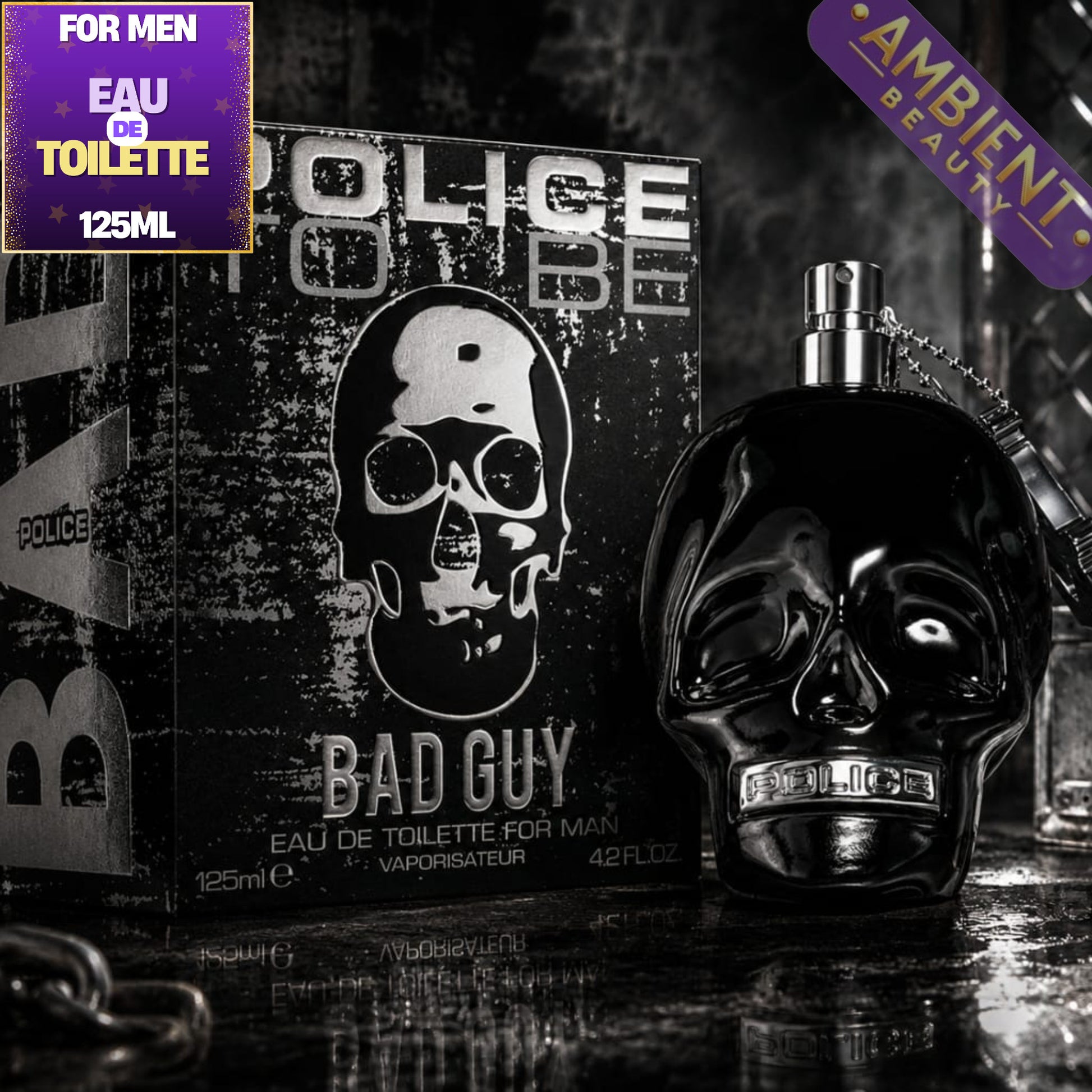 Police Bad Guy perfume bottle and packaging with skull design on a dark background