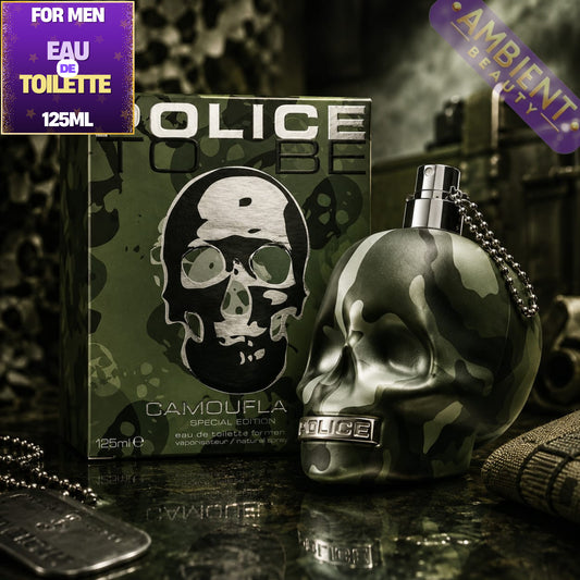 Police camouflage-themed perfume bottle and packaging on a dark background
