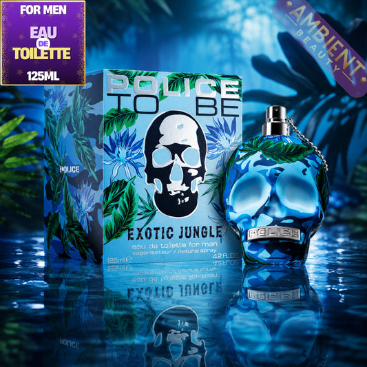 Blue Police to Be Exotic Jungle perfume bottle and packaging with jungle leaves in the background