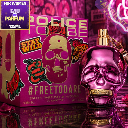 Pink Police perfume bottle and packaging with skull design on a reflective surface.
