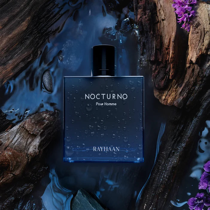 Rayhaan Nocturno pour homme perfume bottle surrounded by water and wood