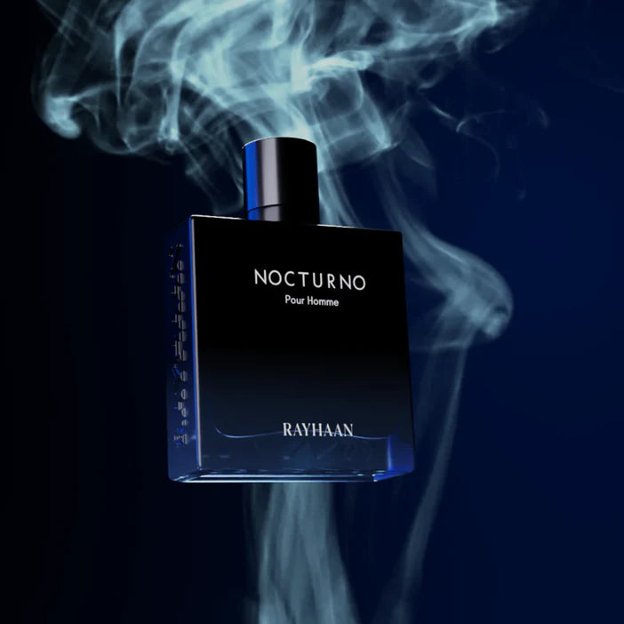 Rayhaan Nocturno Pour Homme Perfume bottle labeled 'Nocturno' by Rayhaan with smoke effect on a dark background