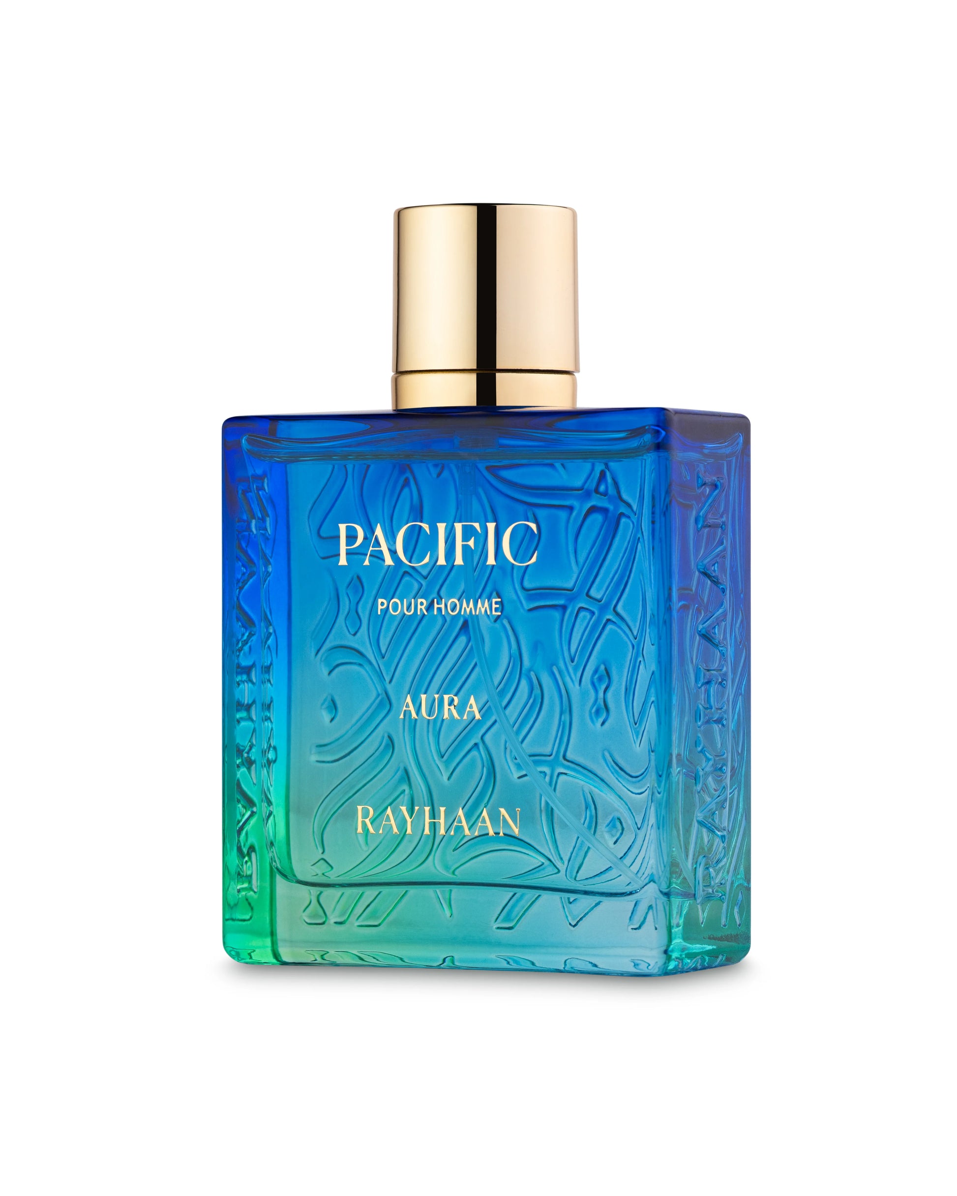 Blue perfume bottle with gold cap labeled 'Pacific Pour Homme Aura Rayhaan' on a white background