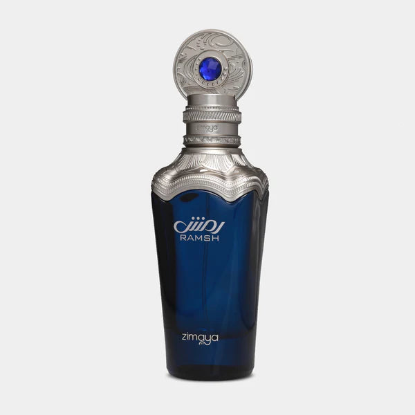Zimaya Ramsh Imperium Blue perfume bottle with silver cap on a white background