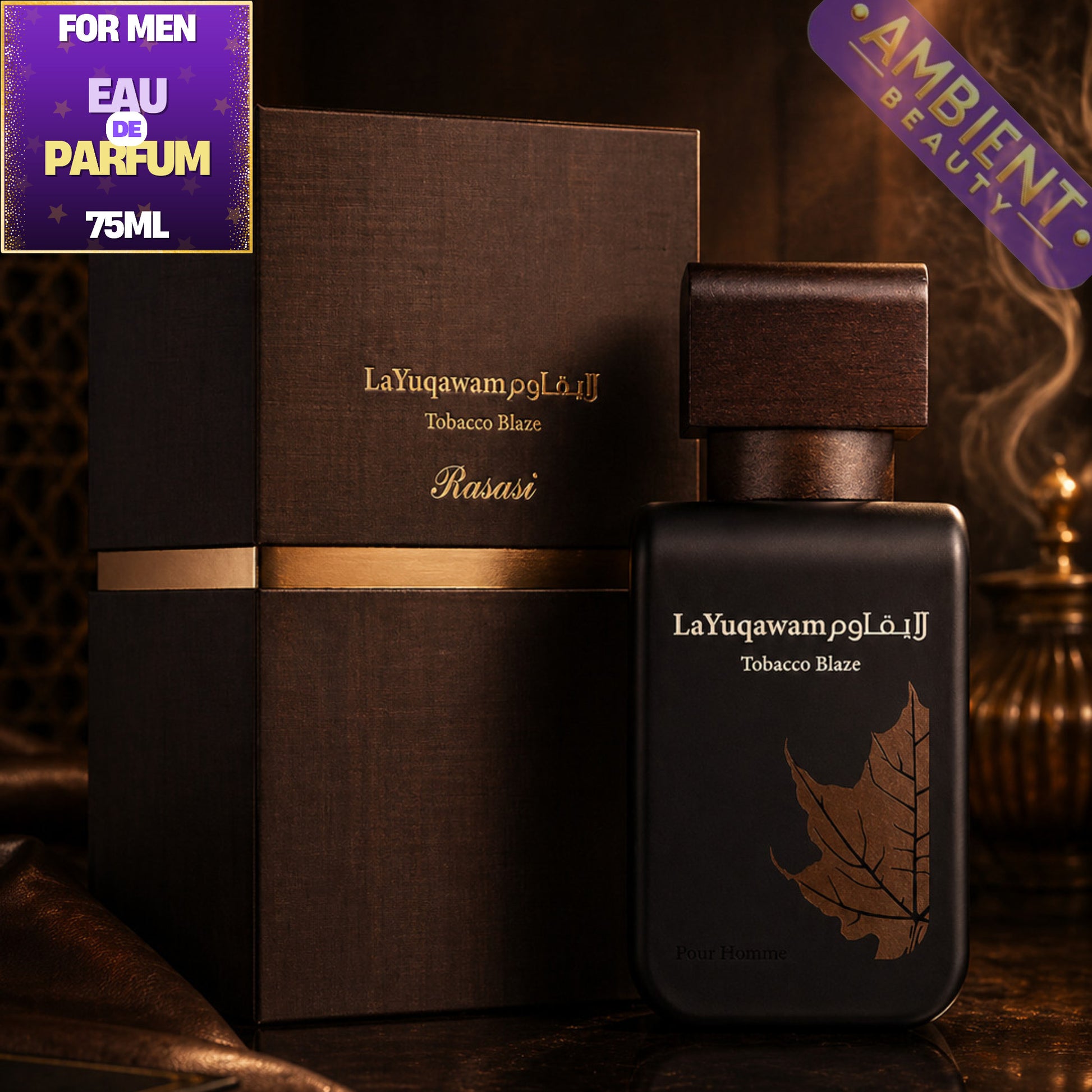 LaYuqawam Tobacco Blaze perfume bottle and packaging on a dark background