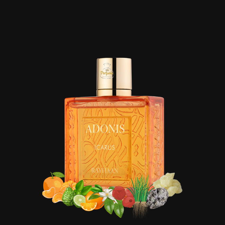Rayhaan Adonis Icarus Perfume bottle labeled 'Adonis' with floral and fruit elements on a black background