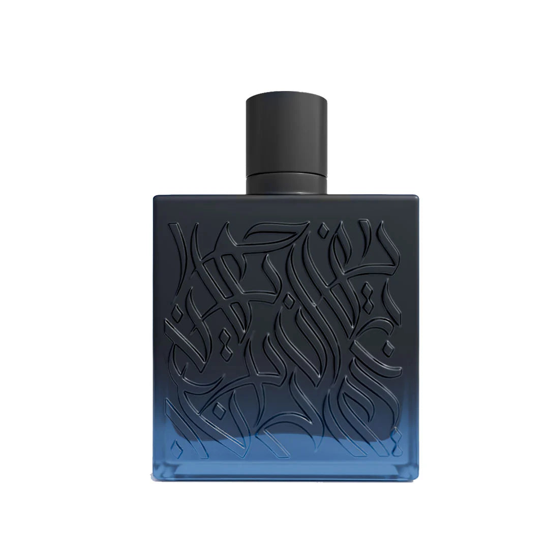 Rayhaan Nocturno Pour Homme Black and blue perfume bottle with intricate design on a white background