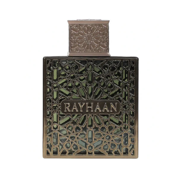 Perfume bottle with intricate design and 'RAYHAAN' branding on a white background