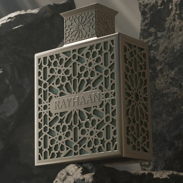 Decorative lantern with intricate patterns and 'RAYHAAN' branding against a dark background