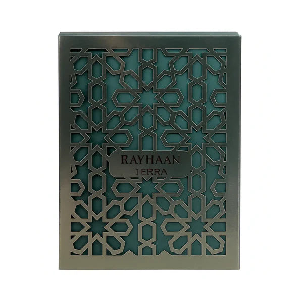 Decorative box with geometric pattern and 'Rayhaan Terra' branding on a white background
