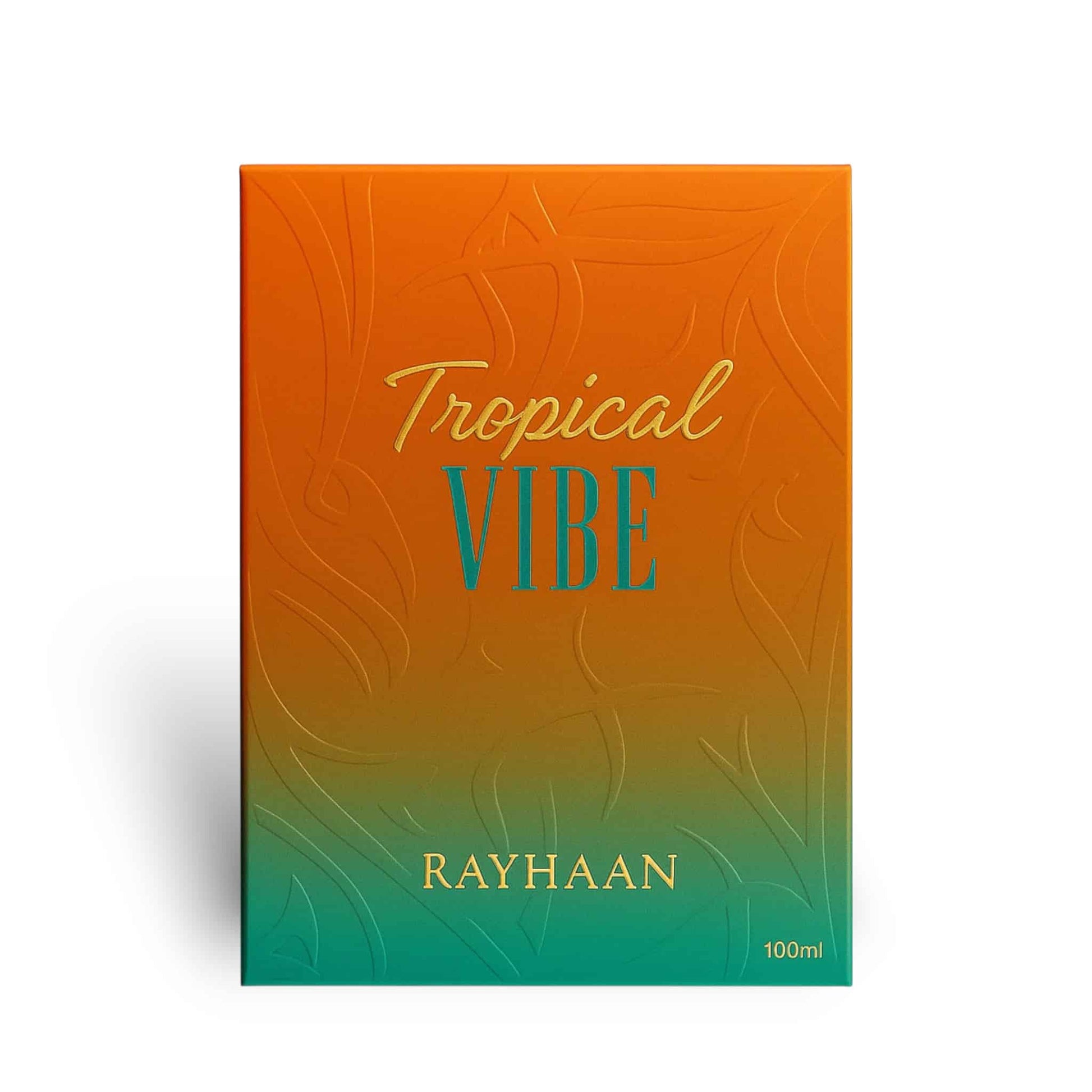 Rayhaan Tropical Vibe Product packaging with 'Tropical Vibe' and 'Rayhaan' text on an orange to green gradient background.