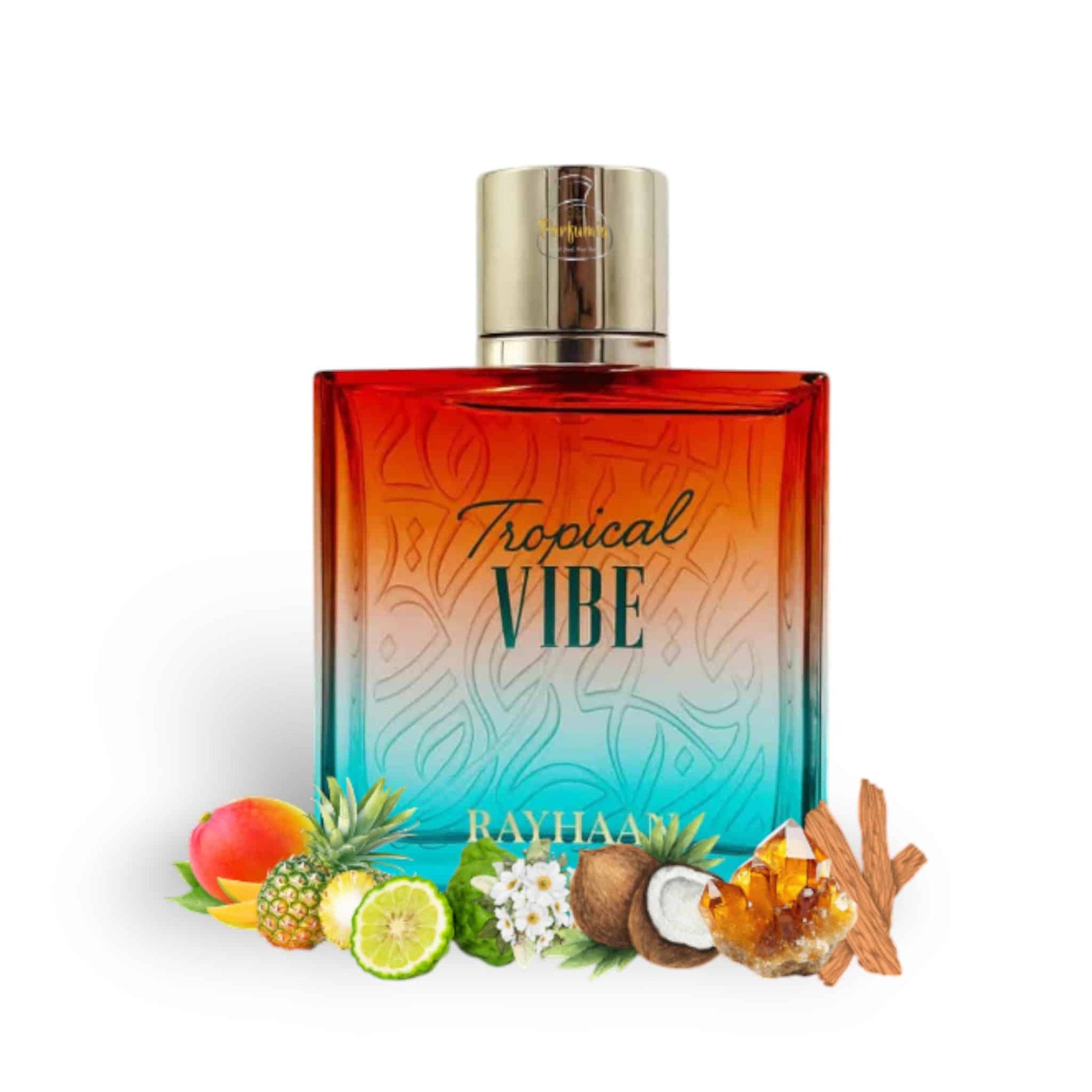 Rayhaan Tropical Vibe Perfume bottle labeled 'Tropical Vibe' with tropical fruits and elements on a white background