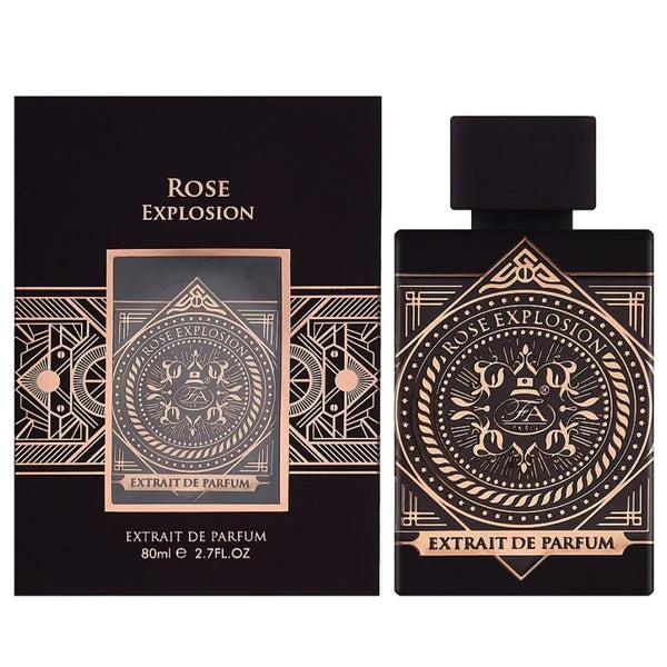 Rose Explosion Extrait de Parfum packaging with black and gold design