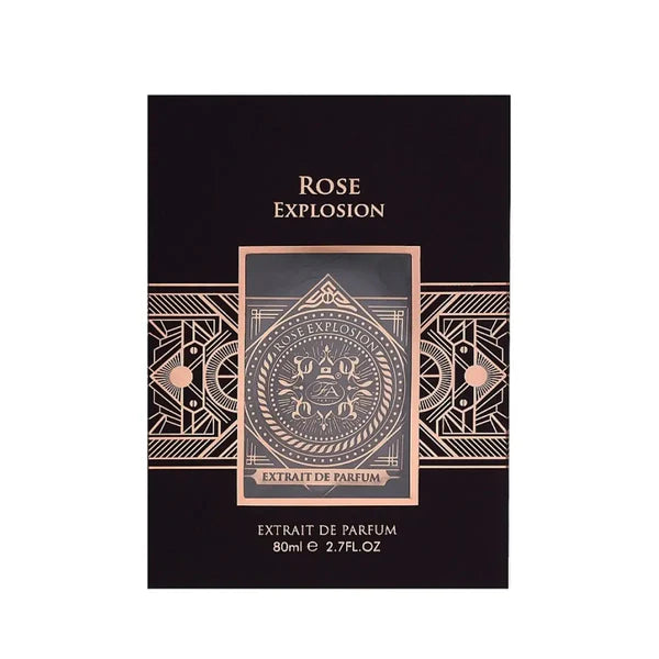 Rose Explosion perfume packaging with intricate design on a black background