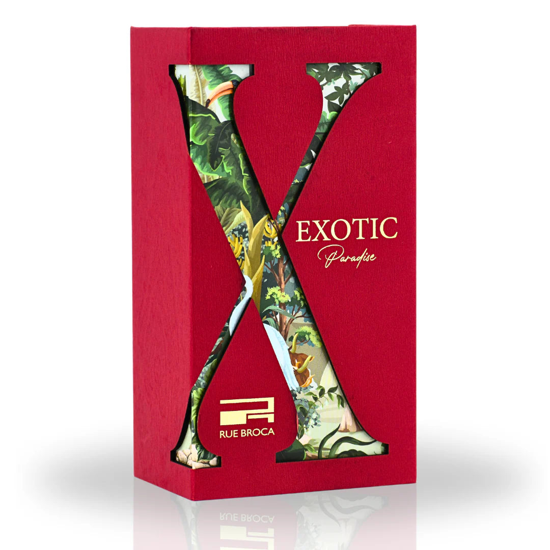 Red box with 'Exotic Paradise' design and 'Rue Broca' branding on a white background