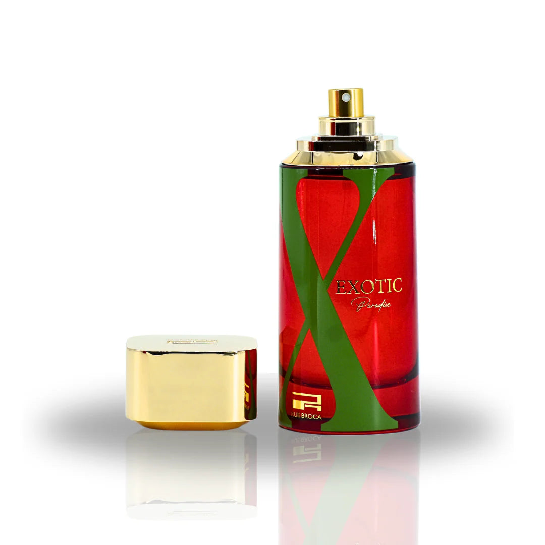 Rue Broca Exotic Paradise Perfume bottle with gold cap and red and green design on a white background