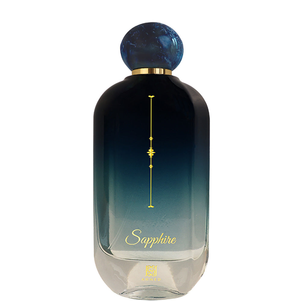 Ahmed Al Maghribi Sapphire Perfume bottle labeled 'Sapphire' with a gradient design on a white background
