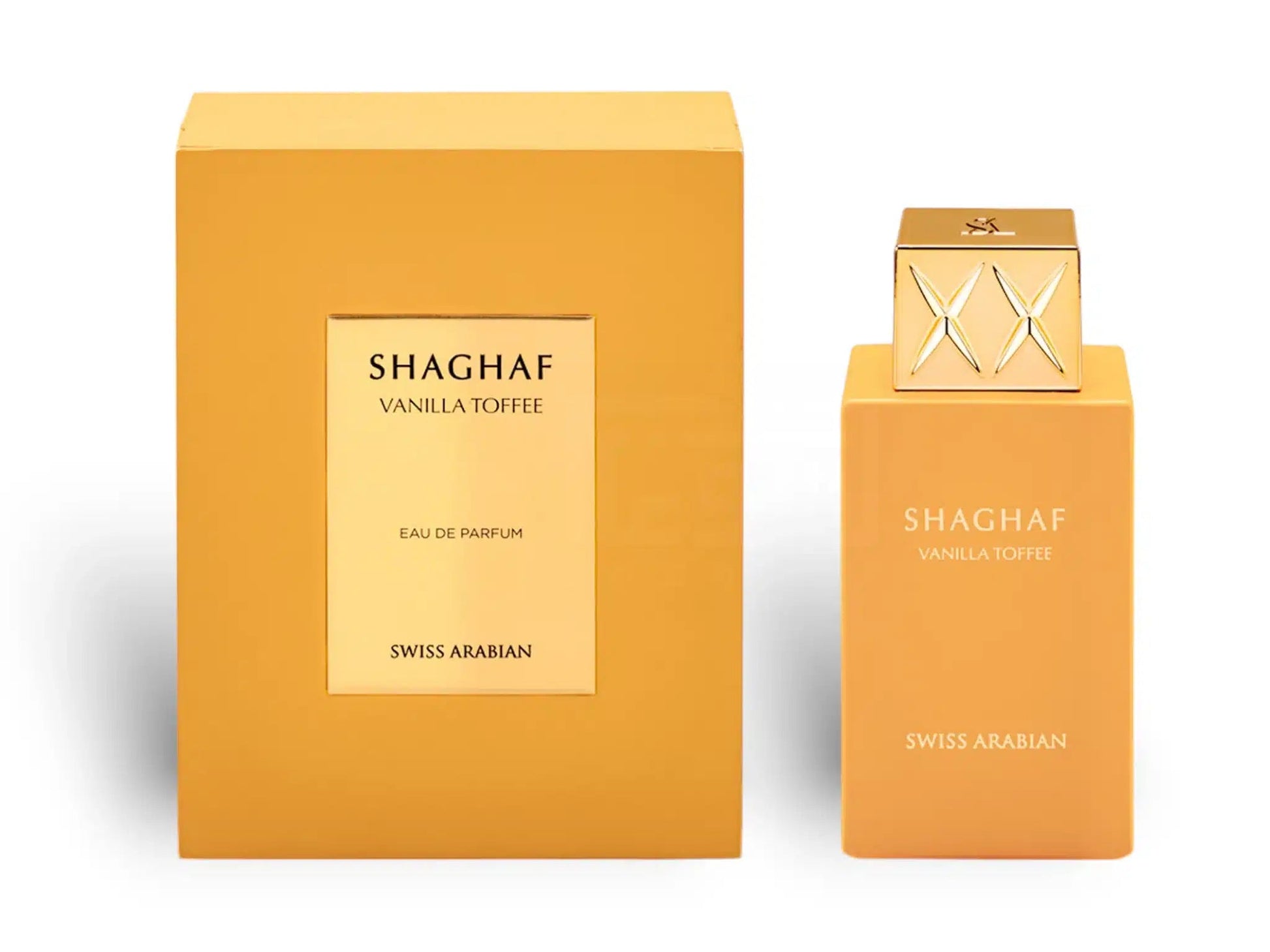 Shaghaf Vanilla Toffee perfume bottle and packaging on a white background